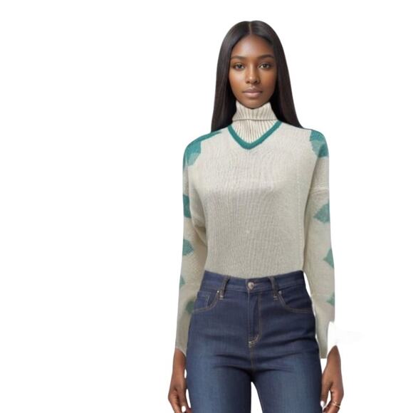 Vintage Meister Wool Blend White Turtleneck Sweater Aqua Geometric Pattern Lg - Picture 1 of 11